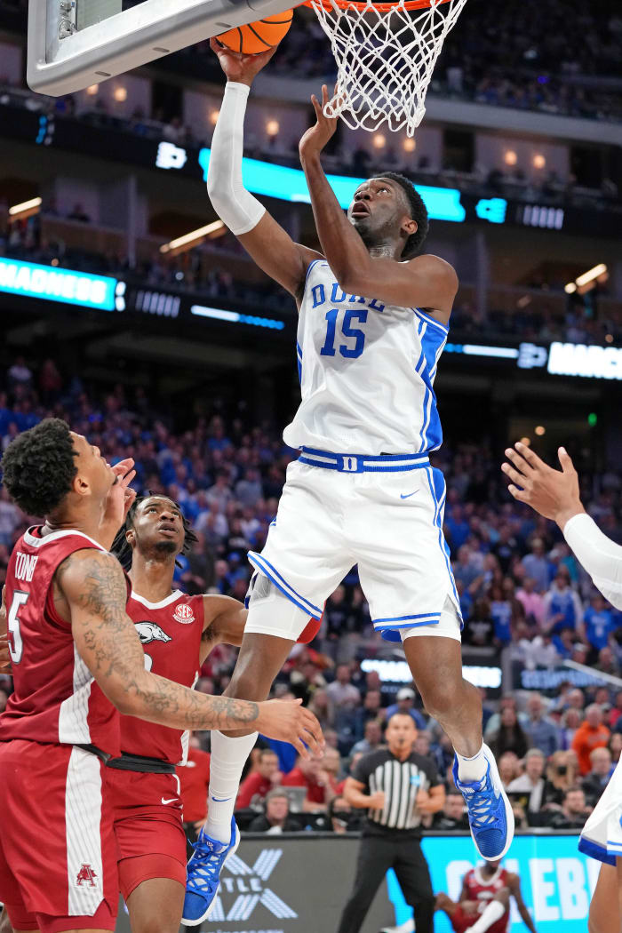 Duke Blue Devils forward Joey Baker (13) shoots the ball against the Arkansas Razorbacks during the first half in the finals of the West regional of the men's college basketball NCAA Tournament at Chase Center.